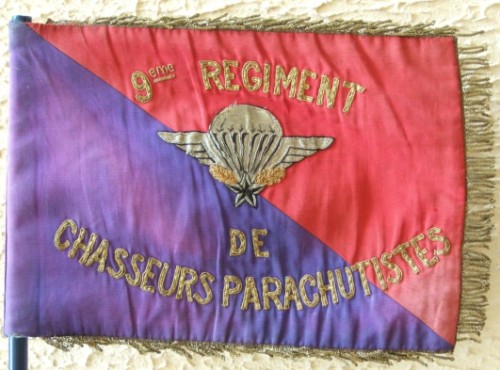 A l' avers l'inscription 9° Régiment de Chasseurs Parachutistes encadrant un Brevet de Parachutiste , le tout brodé or et argent 