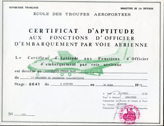 Certificat Officier d' Embarquement par Voie Aérienne obtenu lors du 6631