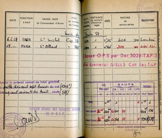 Cette page du carnet individuel de services aériens du Capitaine Roger PHILIPPOIN montre le saut du 18 juin inscrit en ROUGE puisqu'il s' agit d'un saut OPS