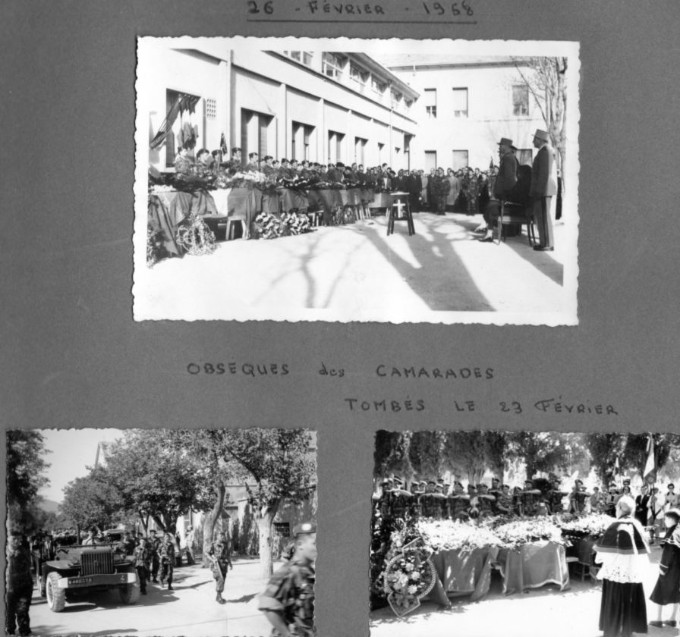 Les obsèques des parachutistes et des cadres tombés au Champ d' Honneur le 23  auront lieu à BATNA le 26 Février en présence du Général SAUVAGNAC Commandant la 25° D.P.Le Père PENINOU Aumonier du 18 ° RCP officiera .A l'issue des cérémonies le Colonel de BEAUGRENIER Chef de Corps accompagnera le Général SAUVAGNAC pour une visite aux nombreux blessés hospitalisés à BATNA "