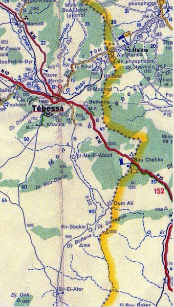 " Depuis EL ABIOD le 18° Effectuera quelques expéditions nocturnes en TUNISIE( dont la frontière au tracé en jaune est très proche ) histoire de démontrer aux fells que même planqués en TUNISIE ils ne sont pas intouchables"  