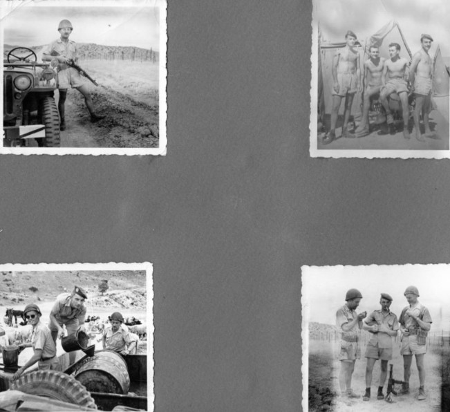 " Corvée d' eau pour la BOA de EL ABIOD En arrière plan sur deux photos on distigue les piquets qui soutiennent les réseaux de fil de fer barbelé . André BERNARD conducteur de la jeep  assure la sécurité de l' entreprise de remplissage du tonneau .En bas à droite belle démonstration d'équilibre d'un PM Ma