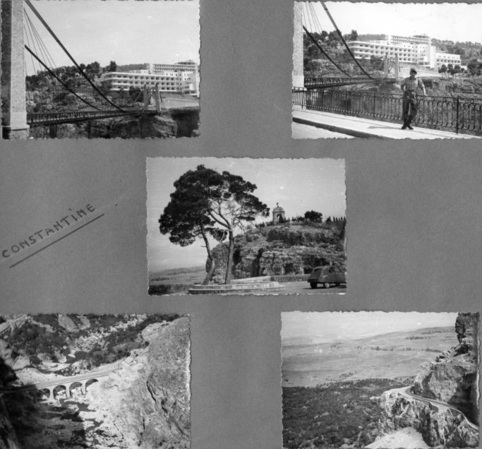 " Pendant la halte de CONSTANTINE -ou le Régiment était allé participer à une prise d' armes et un défilé lors du passage du Président de la République - les voyageurs ne résistent pas au plaisir de photographier les ponts qui enjambent l' Oued du RHUMEL aux rives en forme de canyon "  