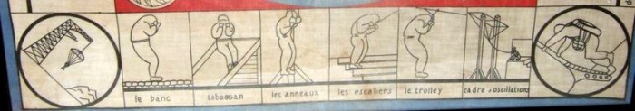   Six croquis présentes divers agrès sur le cartouche rectangulaire de droite.