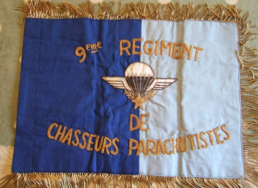 A l' avers l'inscription 9° Régiment de Chasseurs Parachutistes encadrant un Brevet de Parachutiste , le tout brodé or et argent