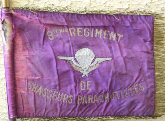 Inscription 9° RÉGIMENT de CHASSEURS PARACHUTISTE encadrant un Brevet de PARACHUTISTE au naturel , le tout en broderie d' or .