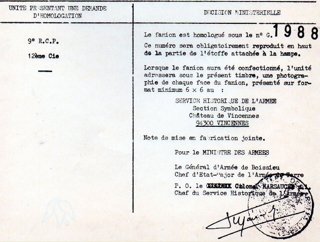   "Dossier d'homologation du Fanion de la 12° COMPAGNIE sous le numéro G:1988 "