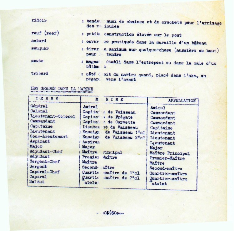    " Il est vrai que très peu de Parachutistes connaissent l' équivalence dans la Marine  des grades et appellations auxquels ils sont habitués  ."