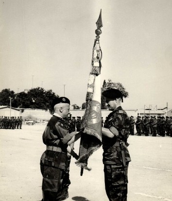 Le Colonel Paul OLLION qui vient d' être décoré remet au Général SAUVAGNAC Commandant la 25° Division Parachutiste le Drapeau du 14° Lors de cette Prise d' Armes les Géneraux portaient une tenue fantaisie dite "peau de saucisson " en toile camouflée anglaise Le port de ces tenues était très prisé chez les Officiers et Sous Officiers Parachutistes car elles étaient confortables , seyantes et évoquaient la Guerre d' INDOCHINE."