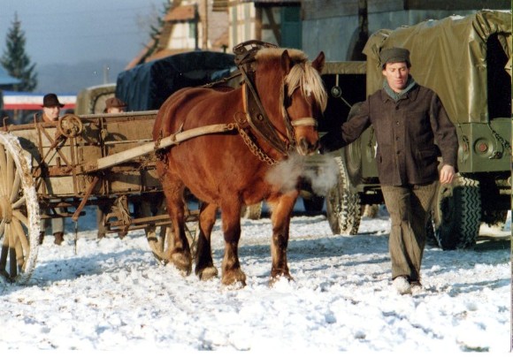 Un paysan conduit son attelage agricole au travail des champs