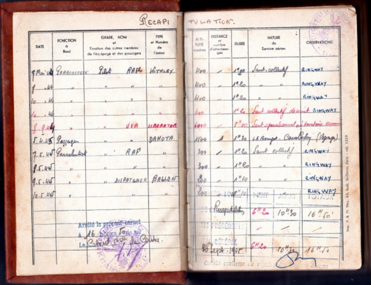 La première page du Carnet  Individuel de Services Aériens récapitule les services aériens antérieurs .Le Brevet Parachutiste Anglais ,soit trois sauts de jour et un saut de nuit à partir d' avion WITHLEY ( Royal Air Force ) au centre d' entrainement de RINGWAY les 7,8 et 10 mai 1944 .Le 8 Septembre 1944 un saut operationnel de nuit en territoire ennemi à partir d' avion LIBERATOR (USA )