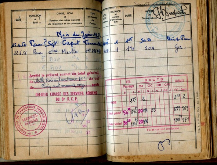 Le carnet individuel des services aériens fait bien mention des deux sauts éffectués en Juin 1956 L'un sur la DZ BOIS de PAU (probablement sur l' actuel hippodrome ) 