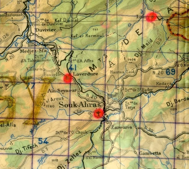 LAVERDURE est situé immédiatement au Nord Ouest de SOUK AHRAS sur la RN 20 en direction de BONE