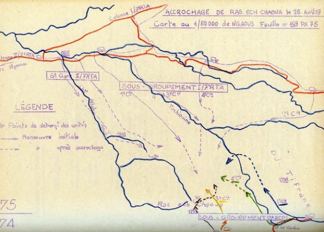 Calque de l'opération .En bleu les thalwegs et en rouge les lignes de crètes (convention réglementaire ) Le Sous Groupement du 9° RCP se compose de la 3° Compagnie JAUNE,de la 4° Compagnie VERT, de la 1° Compagnie BLEU (indicatifs réglementaires )