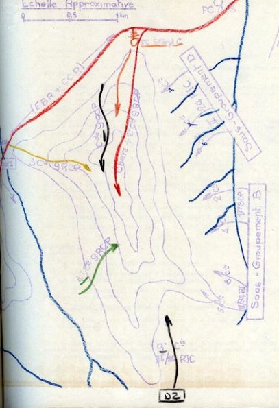 Action du Sous Groupement C : Flèche ROUGE 2° Compagnie renforcée de chars ,flèche JAUNE 3° Compagnie,flèche VERTE 4° Compagnie , flèche NOIRE Commando du 9° RCP .A 9heures la 2° compagnie AMARANTE 