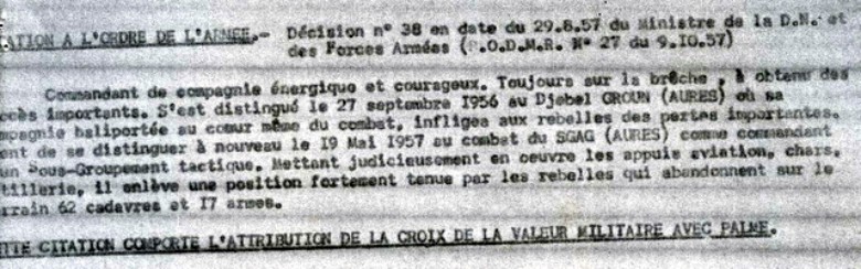  Le 29 Aout 1957 Le Capitaine Roger PHILIPPON est décoré de la Croix de la Valeur Militaire avec palme