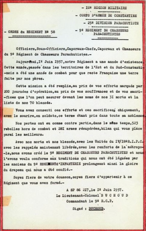 Le 1°Juin à l'occasion du premier anniversaire de la création du 9° RCP le lieutenant Colonel BOUCHOUD signe un très bel ordre du jour