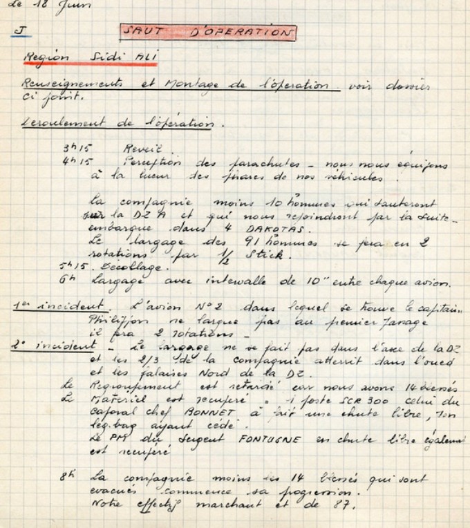  Le 18 juin  (J) débute une interminable opération qui durera jusqu' au 6 Juillet (J+ 18 ) La 4° compagnie fait un saut opérationnel qui hélas se caractèrisera par une erreur de largage occasionnant 14 blessés