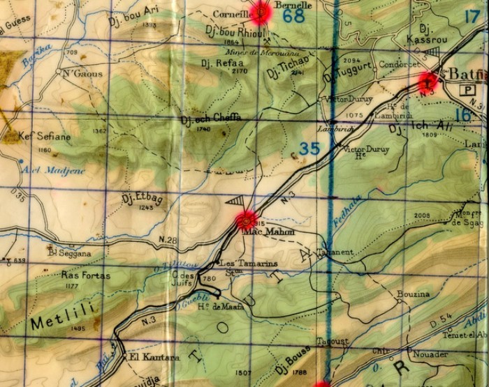 Théatre général de l'opération .Au sud EL KANTARA, au nord-ouest N'GAOUS (base de départ du 9°RCP le 22 juillet à 5heures),au nord est BATNA ,au centre MAC MAHON 