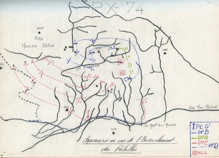 Croquis d' ensemble de la phase Manoeuvre en vue de l' encerclement des rebelles .Le 9° RCP Sous Groupement B est en BLEU