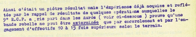 Constat du Lieutenant Colonel BUCHOUD sur le rapport de force à obtenir pour détruire les bandes rebelles