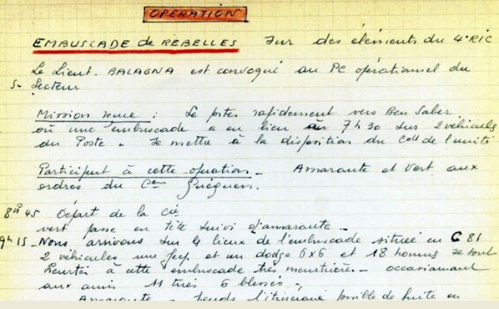 Le 4° Régiment d' Infanterie Coloniale a été créé en 1854 .Il s' est illustré sur tous les théatres en Europe en Extrème Orient en Afrique .Il a survécu un temps aux grandes dissolutions de l' après 1962  Le Lieutenant BALAGNA assurait l'interim de Commandement de VERT pendant la permission du Capitaine PHILIPPON