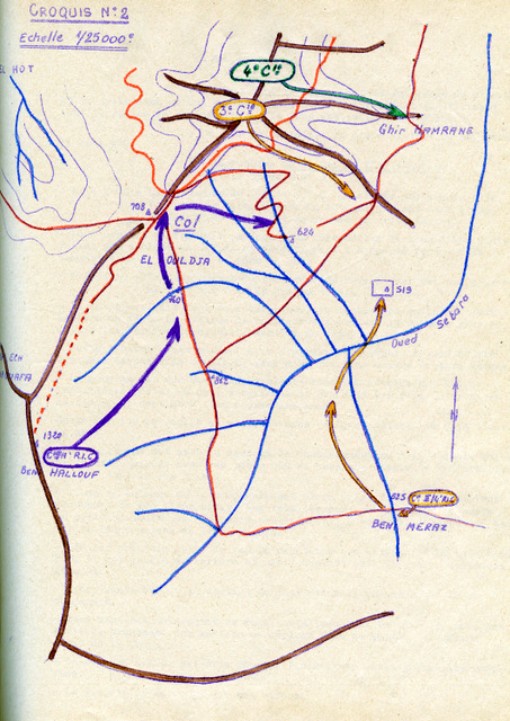 La largeur de ce croquis représente 5 kilomètres Le bord gauche est à 3 kilomètres du Col de SELMA ce qui permet une localisation approximative sur l' extrait de carte d' E.M. Cette opération met en oeuvre le 9°RCP au complet ,2 compagnies du II° / 4° R.I.C. ,une compagnie du III° / 11° R.I.C.,un escadron du 1° R.H.P.une section du 35° RALP