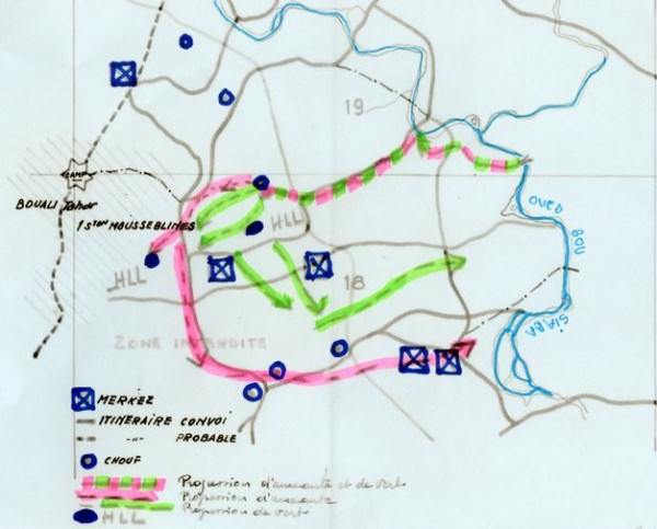  Le 7 Décembre à 3 heures du matin AMARANTE et VERT franchissent le pont sur l'oued Bou SIABA entre 7,15 heures et 7,30 heures AMARANTE et VERT sont pris à parti,par des tirs rebelles Il s'agit de tirs de harcellement Les caches découvertes sont détruites leur contenu brulé .L'opération est démontée à 18 heures.Le 8 Décembre interpellation de suspects .Le 9 Décembre controle d'identité au marché d' EL MILIA .