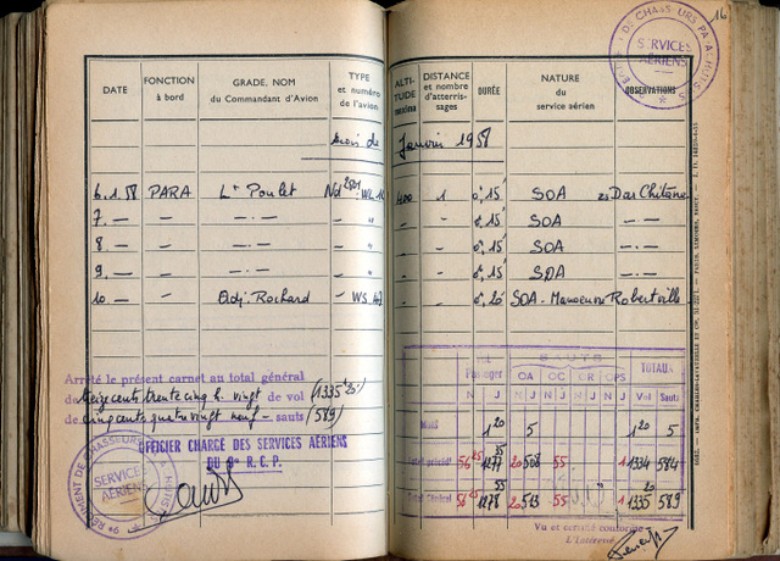 Carnet individuel des services aériens du Capitaine Roger PHILIPPON qui n' a manqué aucun des premiers sauts à partir de N 2051 en Janvier 1958