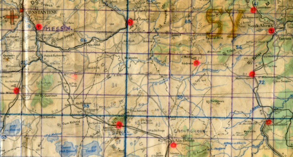  Le 15 Janvier après une nuit en dur au Camp FRAY à CONSTANTINE ,mouvement vers SOUK AHRAS en passant par AÏNE BEIDA ,CLAIREFONTAINE,MONTESQUIEU  La Compagnie cantonne dans du dur  Le 16 Janvier VERT fait mouvement vers CLAIREFONTAINE ou elle retrouve le Régiment "  