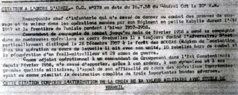 Texte de la citation à l' ordre de l' Armée attribuée au Capitaine Roger PHILIPPON à l'issue de son temps de commandement de la 4° compagnie du 9° RCP