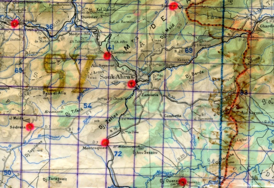 On retrouve sur cet extrait de carte d' Etat Major tous les noms figurant sur le croquis .Le 9° RCP est à l'Est de SEDRATA en bordure du djebel TIFECH à KHEMISSA