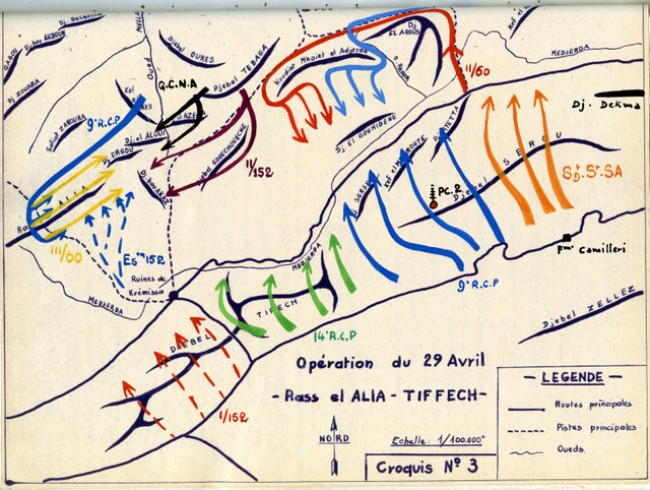 Opération initiale du 29 Avril .Décidée dans le prolongement de la réduction du Djebel AROUS du 28 Avril ,elle met en oeuvre les mèmes acteurs 60° et 15-2 RI ,plus 15-1° RI .GCNA,3° R.E.I. 9° RCP et 14° RCP qui entre dans l' arène .