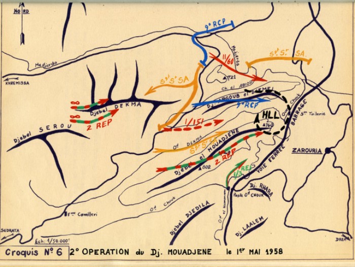  2° Opération du Djebel MOUADJENE le 1° Mai 1958 .A 6 heures du matin une opération est lancée pour récupèrer les éventuels rebelles ayant échappé aux combats du 30 Avril .Le 9° RCP renforcé de 2 compagnies du GCNA se prépare à intervenir sur KEF el AKS 