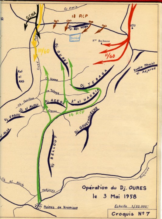 La dernière opération de la Bataille de SOUK AHRAS aura lieu le 3 Mai sur le Djebel OURES Elle mettra en oeuvre essentiellement les 14° et 18° RCP .Le 9° RCP  en alerte à SOUK AHRAS n'y a pas participé 