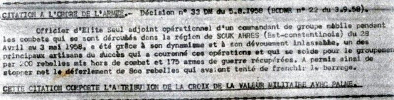 Texte de la citation à l'ordre de l' armée attribuée au Capitaine Roger PHILIPPON Officier Opération du Groupement Mobile 9° R.C.P. commandé par le Lieutenant Colonel BUCHOUD