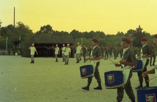 Les ornements des tambours portent l'insigne de l' Etat Major de la 11° DP et 44°DMT sur fond azur .Les musiciens n' étant plus brevetés leurs instruments ne portent plus les symbles Paras